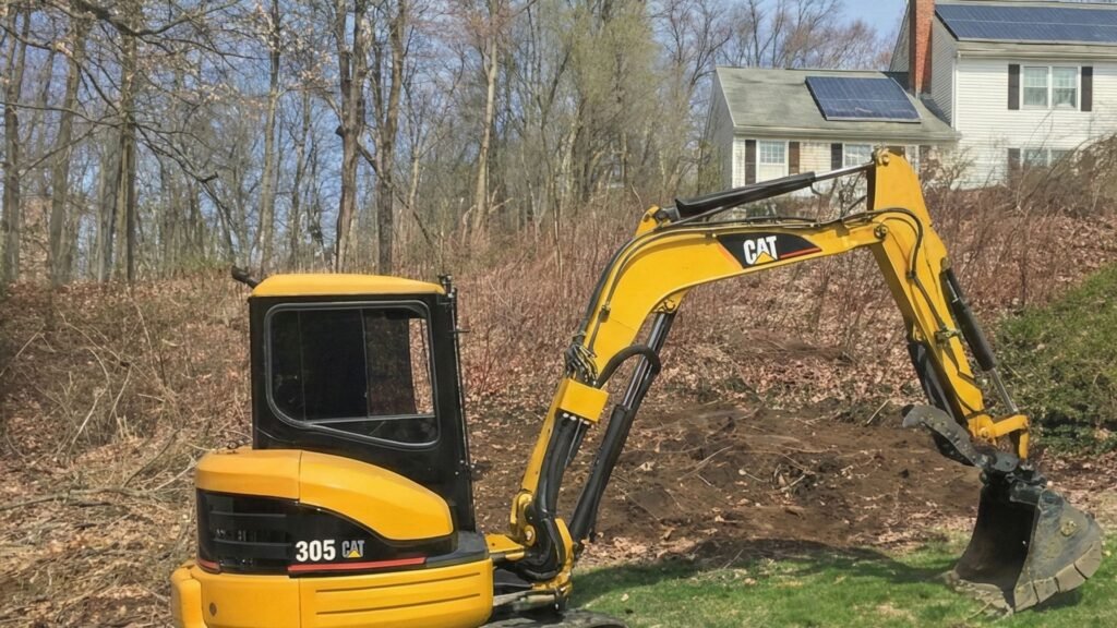 Compact excavator digging a trench on a residential lawn near a wooded property