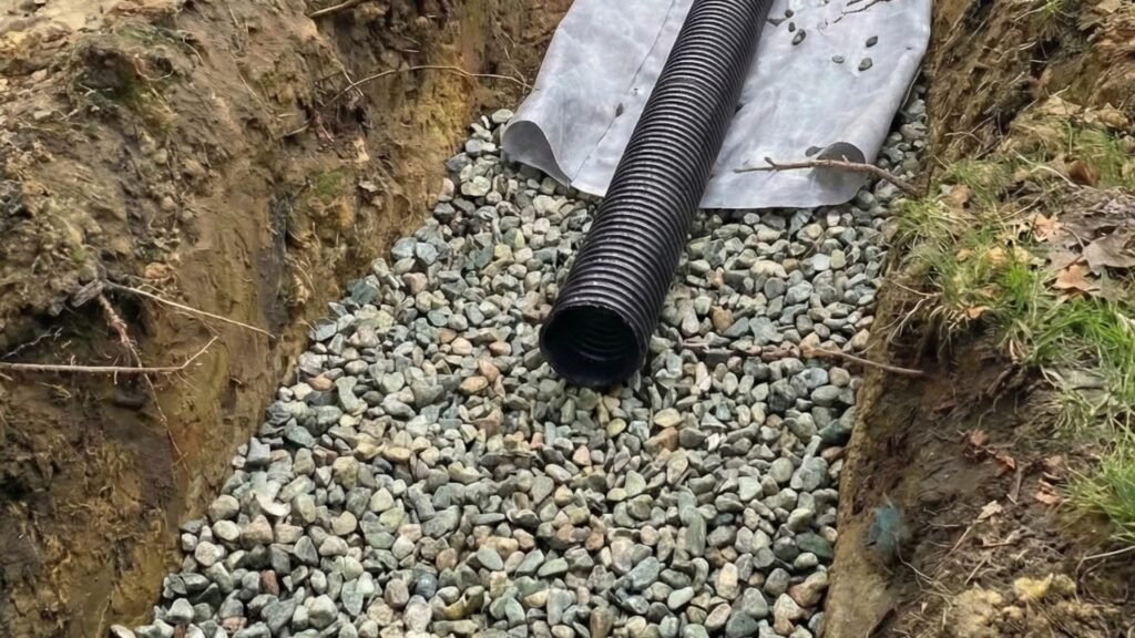 Perforated drainage pipe installed in gravel trench with fabric liner for foundation drainage