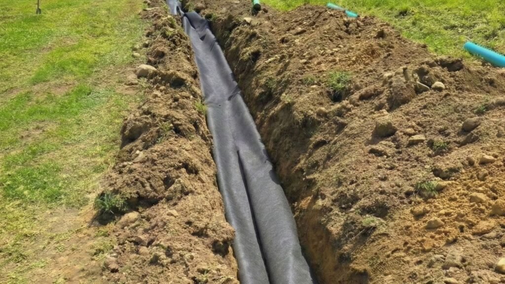 Long drainage trench lined with geotextile fabric on sloped residential property