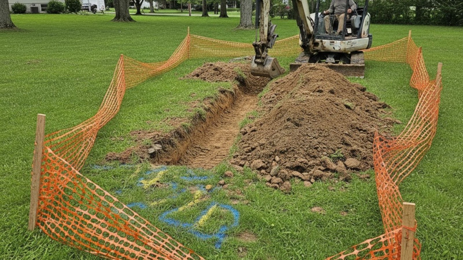 Mini excavator digging a straight trench with safety fencing and soil piles for fence line preparation