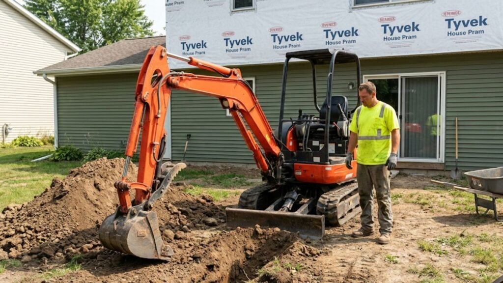 Drainage trench excavation beside residential home using compact excavator