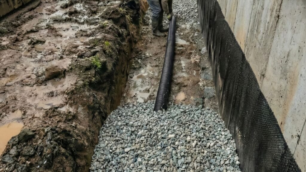 Worker installing black corrugated drain pipe in gravel trench along home foundation