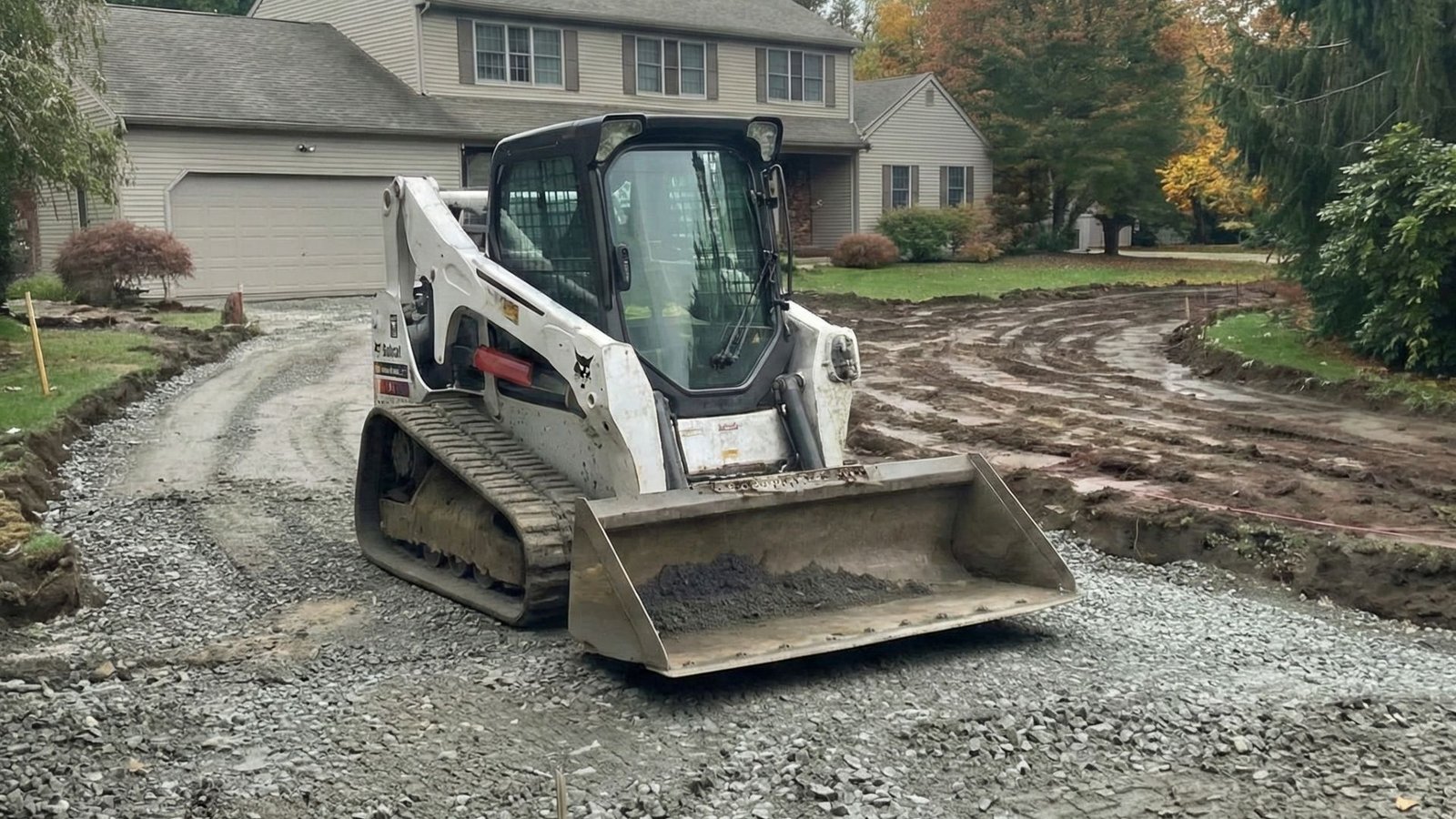 Compact track loader leveling gravel base during residential driveway preparation