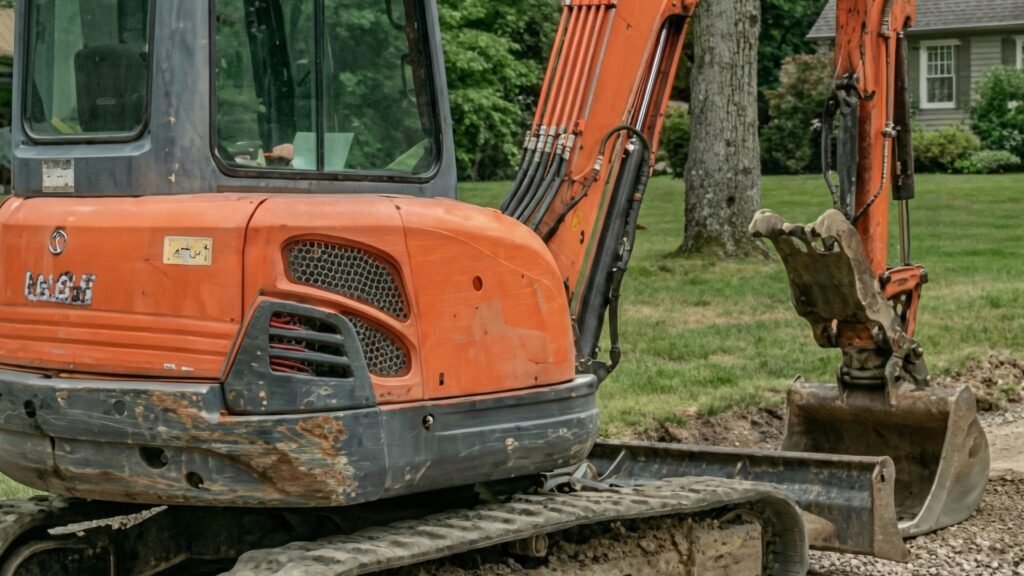 Compact excavator shaping gravel base during residential driveway excavation