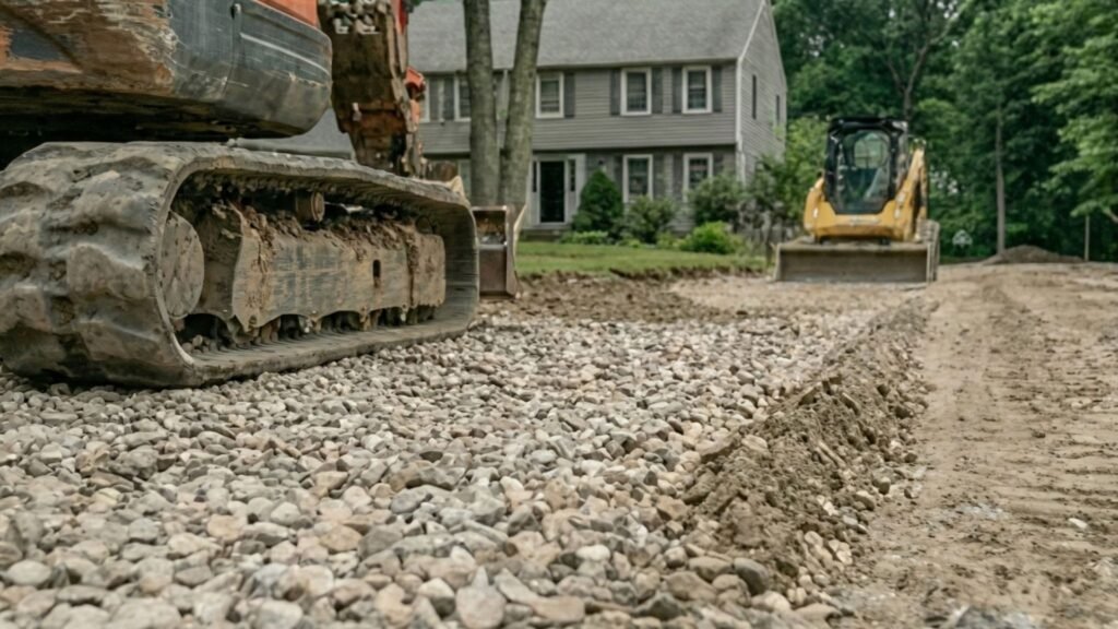 Gravel driveway base with excavator and track loader during residential installation