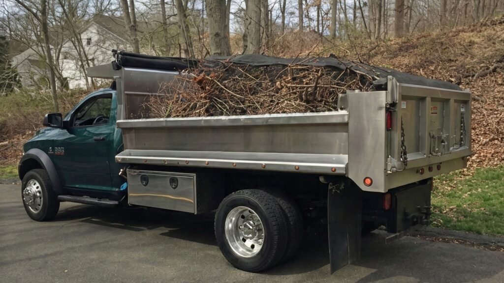 Dump truck loaded with soil and brush removed from a residential excavation site