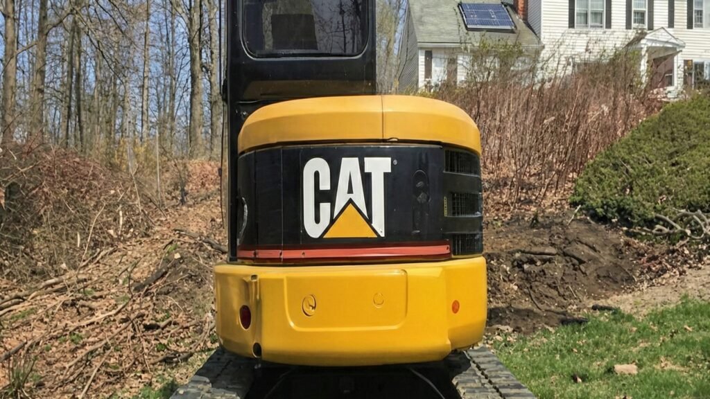 Rear view of compact excavator positioned on a residential lawn during excavation work