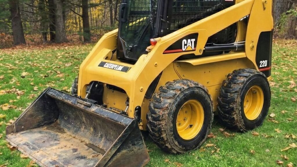 Compact skid steer positioned on a residential lawn ready for site preparation work